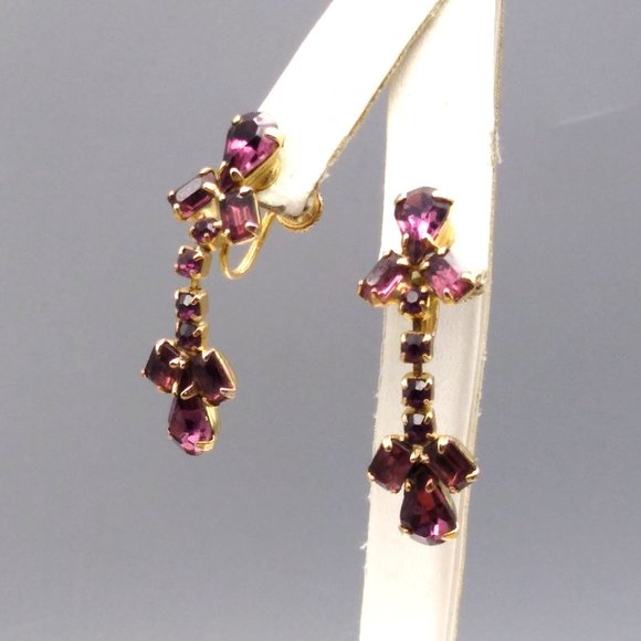 Purple Glam Crystal Drop Earrings, Gold Tone Screw Backs - Picture 3 of 4